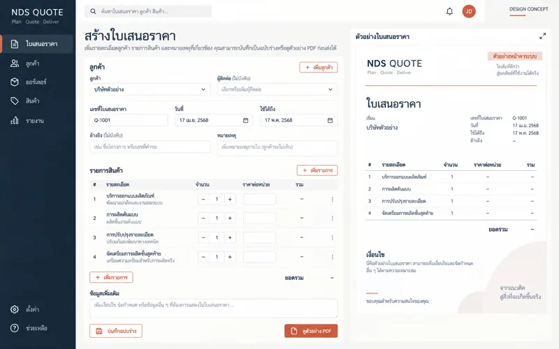 ภาพแนวทางโปรแกรมใบเสนอราคาและออร์เดอร์ที่สร้างด้วย AI