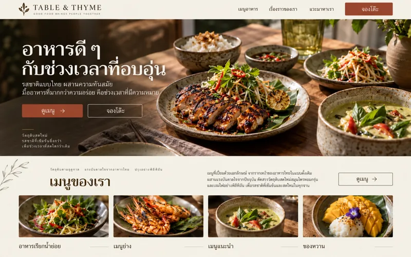 ภาพแนวทางออกแบบเว็บไซต์ร้านอาหาร & คาเฟ่ที่สร้างด้วย AI