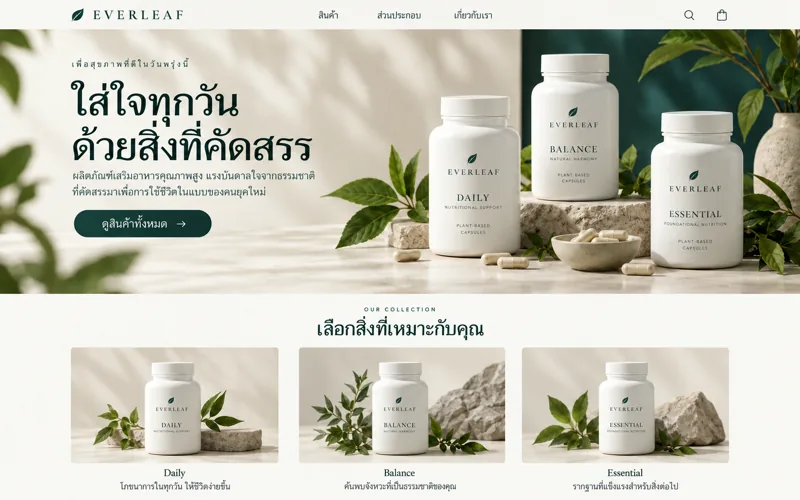 ภาพแนวทางออกแบบเว็บไซต์อาหารเสริม & สินค้าสุขภาพที่สร้างด้วย AI
